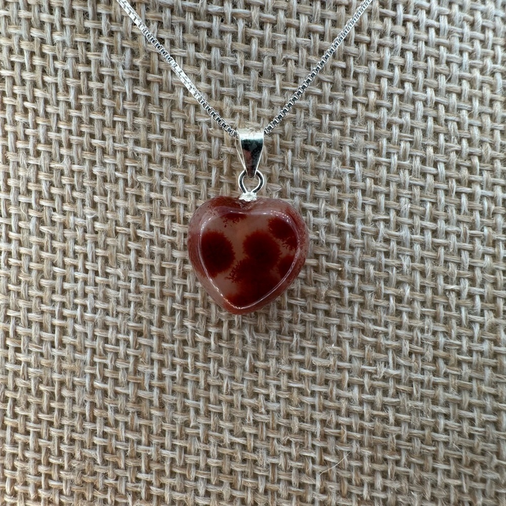 Heart-Shaped Cinnabar in Agate Pendant Necklace on Sterling Silver Bail & Chain